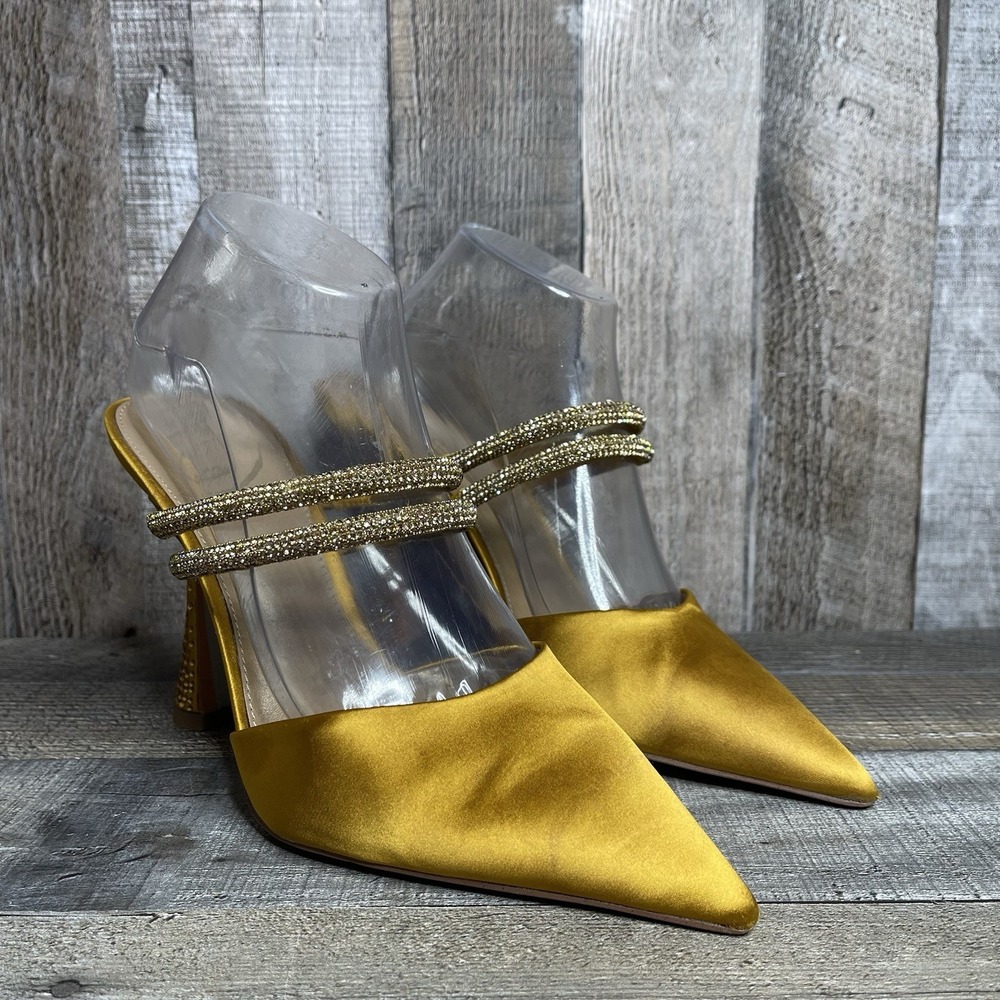 Womens Sam Edelman Agustina Gold Satin Pointed Rhinestone Slip On Heels Size 8.5